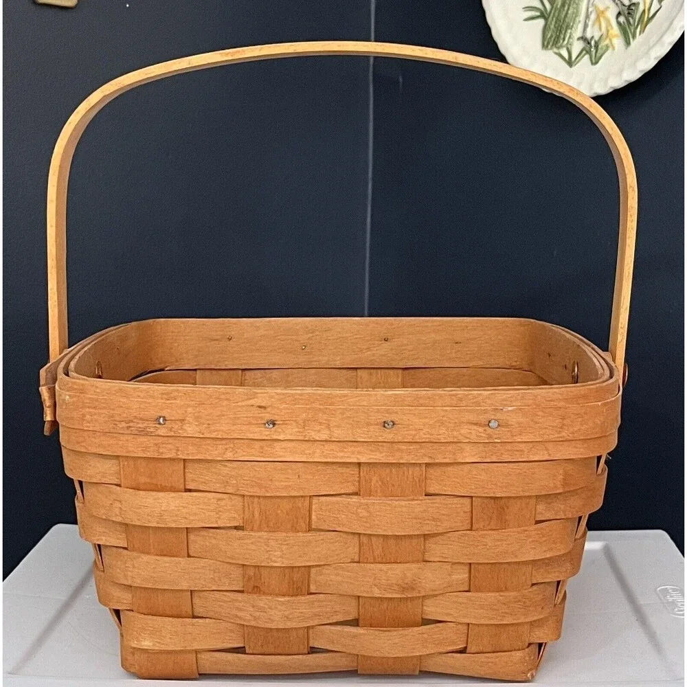 Small Longaberger Basket Wood Wooden Handled Signed Basketweave 9in